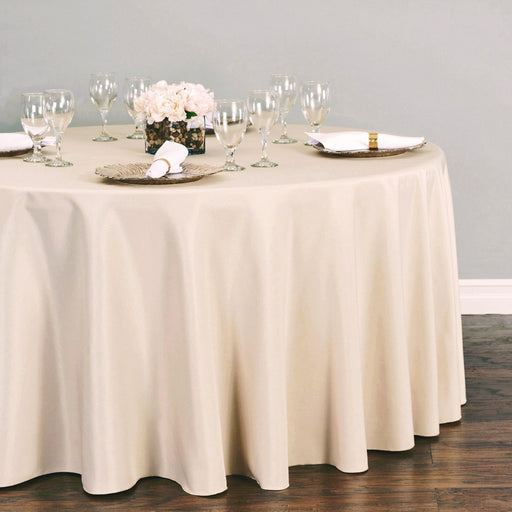 Bargain 120 In. Round Polyester Tablecloth Beige