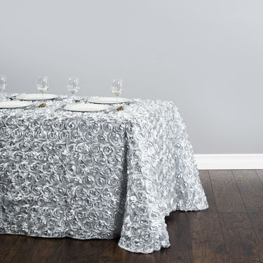 88 X 130 in. Rectangular Rosette Satin Tablecloth Silver