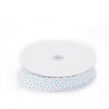 1.5 in. x 25 yd Blue Dotted White Ruffle Ribbon