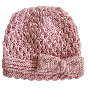 Girls Pink Crochet Beanie With Knit Bow