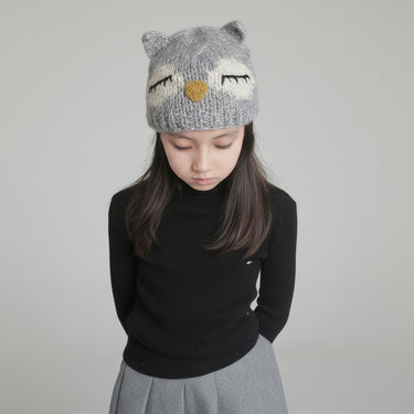 Kids Knit Beanie w/ Sleeping Owl Face