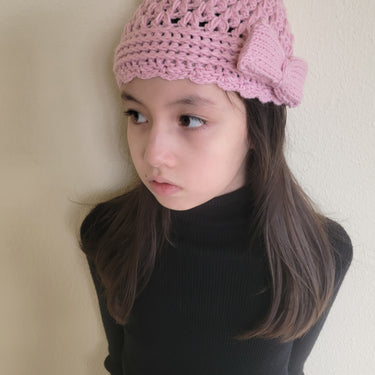 Girls Pink Crochet Beanie With Knit Bow