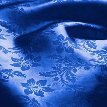 Bargain 72 in. Square Lilies Embossed Satin Overlay Royal Blue