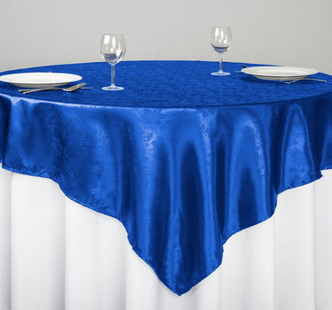 Bargain 72 in. Square Lilies Embossed Satin Overlay Royal Blue