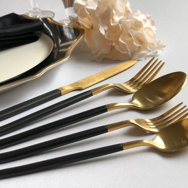 5-Piece Black Handled Silverware Set Gold