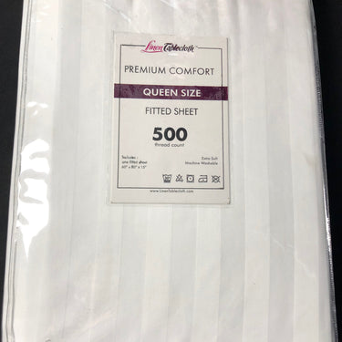 Hotel Selection 500 Thread Count Cotton White Satin Stripe Fitted Sheet -Queen Size
