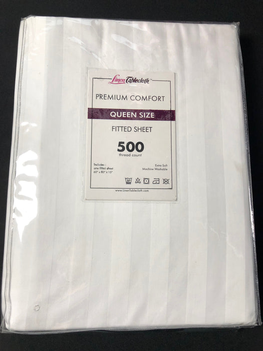 Hotel Selection 500 Thread Count Cotton White Satin Stripe Fitted Sheet -Queen Size