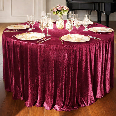 Bargain 120 Inch Round Crushed Velvet Tablecloth Burgundy