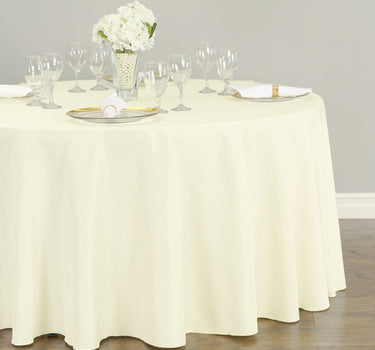 Bargain 120 in. Round Polyester Tablecloth Ivory