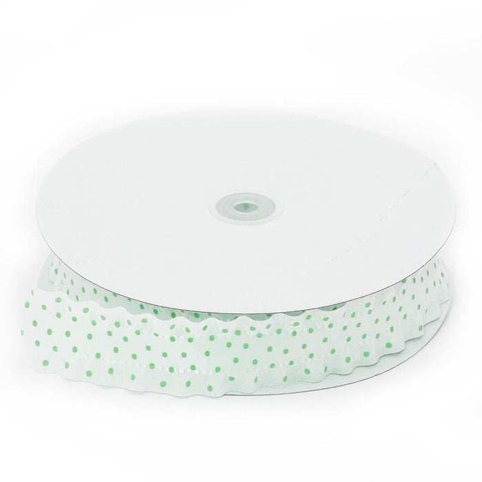 1.5 in. x 25 yd Green Dotted White Ruffle Ribbon