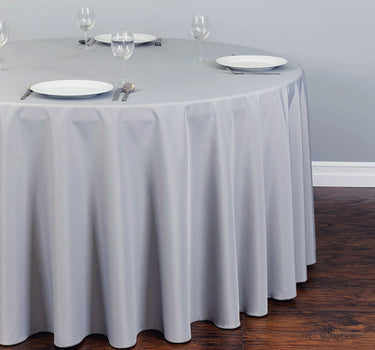 Bargain 120 In. Round Polyester Tablecloth Silver