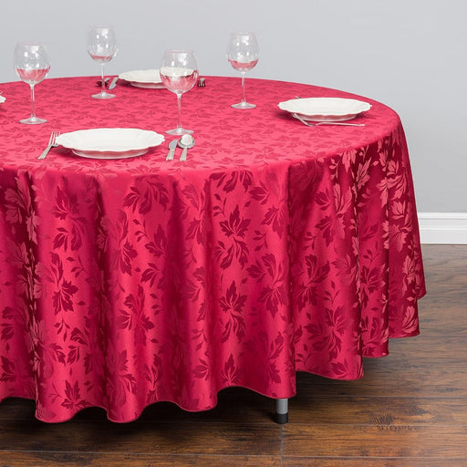 108 in. Round Falling Lilies Damask Tablecloth Burgundy