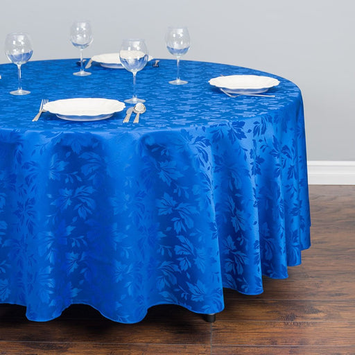 108 in. Round Falling Lilies Damask Tablecloth Royal Blue
