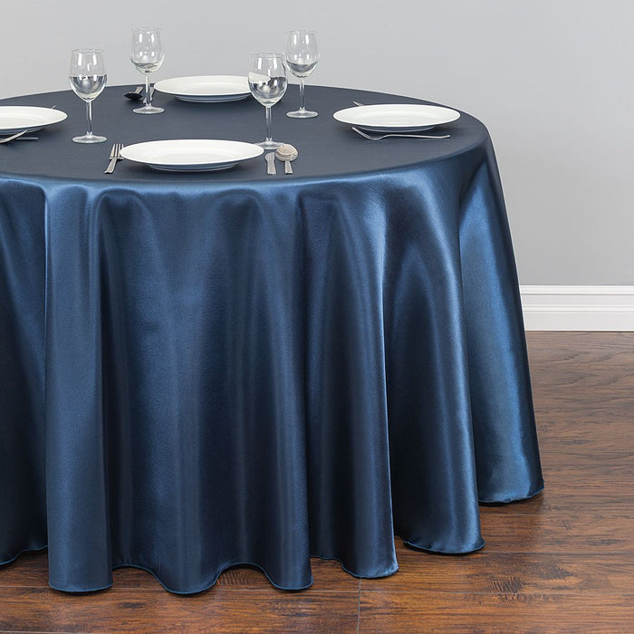 108 in. Round Satin Tablecloth Navy Blue