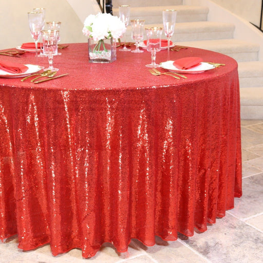 120 in. Round Sequin Tablecloth Red
