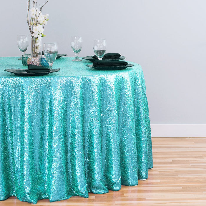 120 in. Round Sequin Tablecloth Turquoise