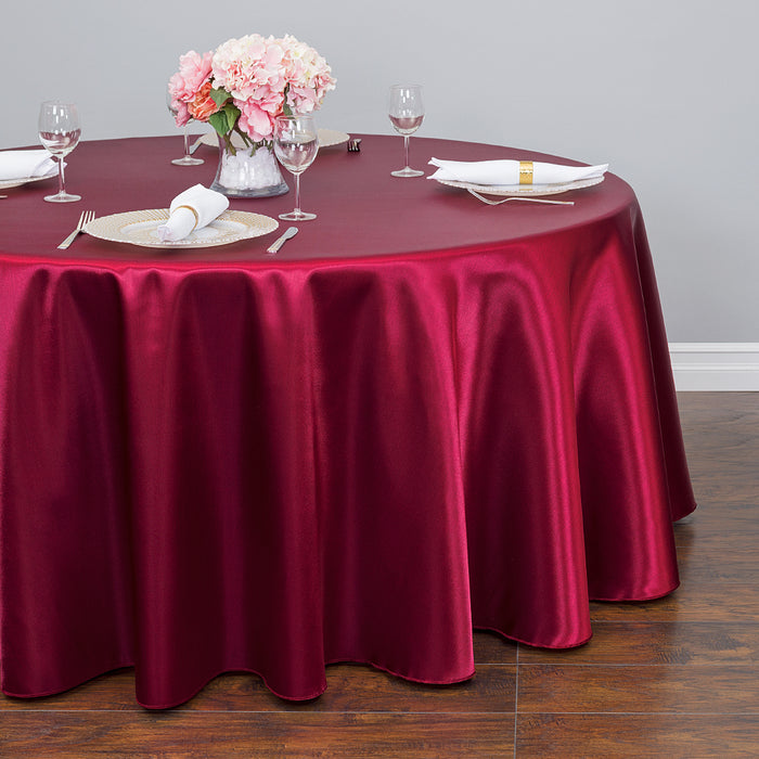 Bargain 108 In. Round Satin Tablecloth Burgundy