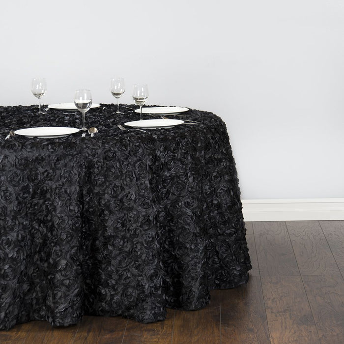 118 in. Round Rosette Satin Tablecloth Black