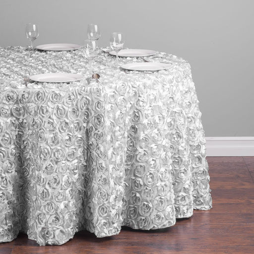 118 in. Round Rosette Satin Tablecloth Silver