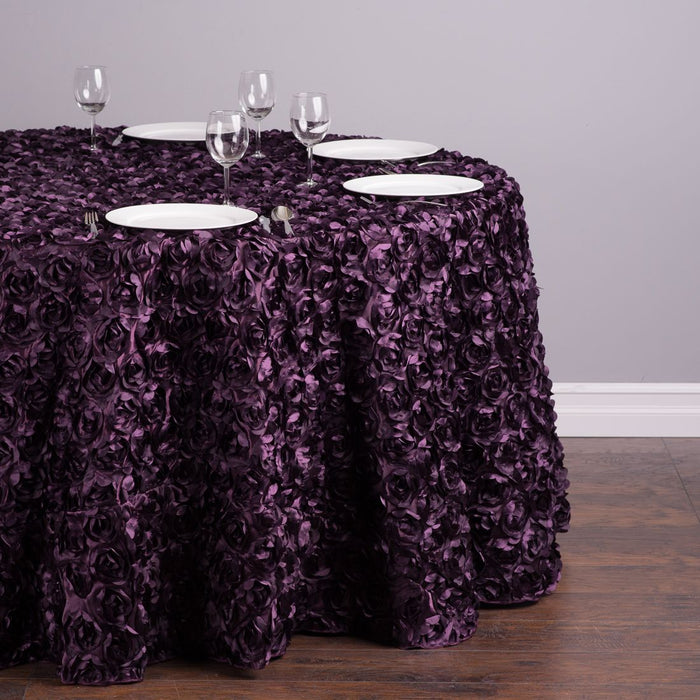 118 in. Round Rosette Satin Tablecloth Eggplant