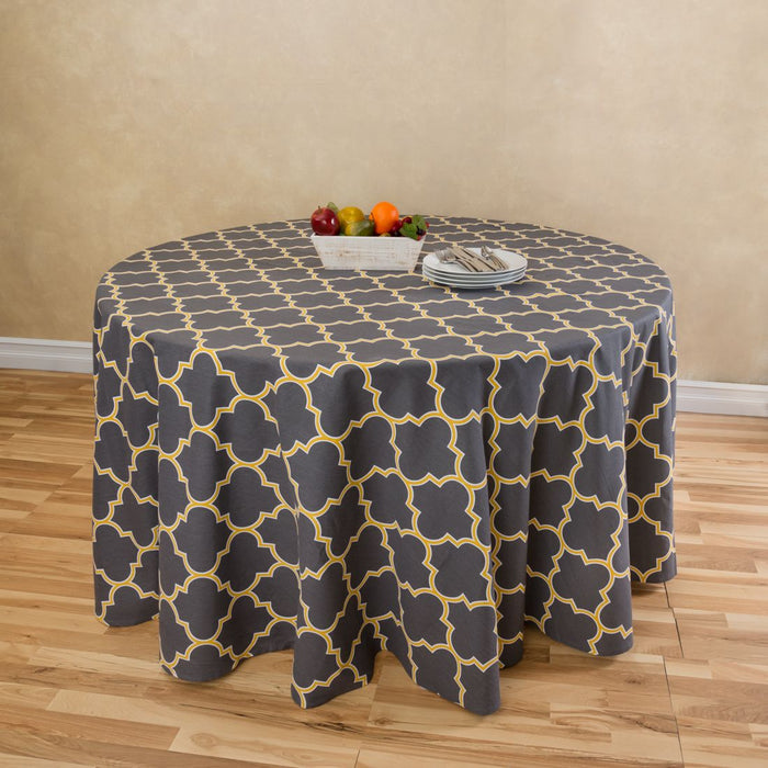 120 in. Trellis Round Cotton Tablecloth Charcoal & Mustard Yellow