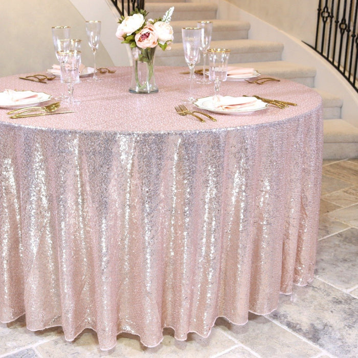 120 in. Round Sequin Tablecloth Blush Pink