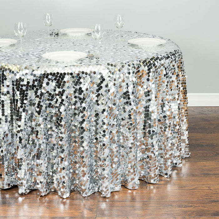 120 in. Round Payette Sequin Tablecloth Silver