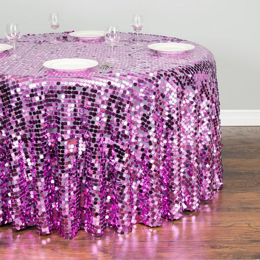 120 in. Round Payette Sequin Tablecloth Fuchsia