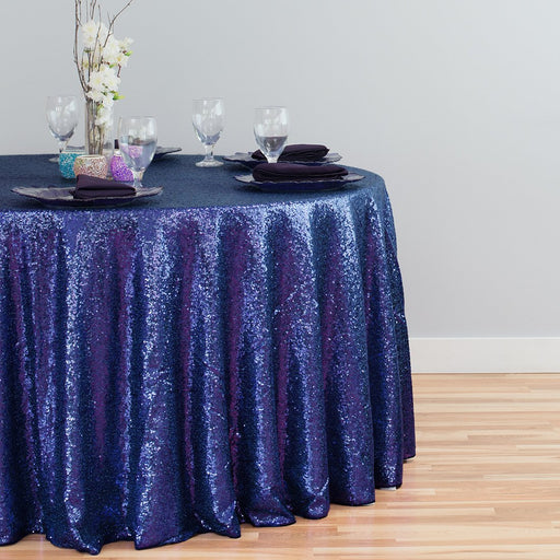 120 in. Round Sequin Tablecloth Navy Blue
