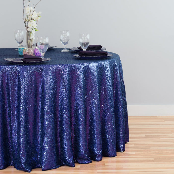 120 in. Round Sequin Tablecloth Navy Blue