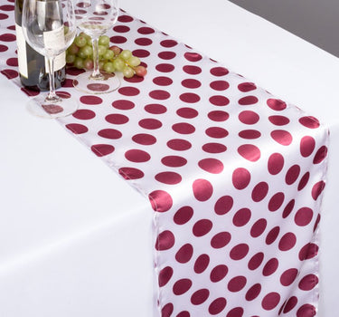 14 X 108 in. Polka Dot Satin Table Runner White / Burgundy