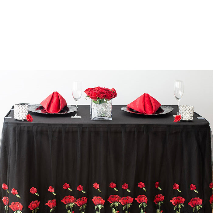 Bargain 17 ft. Red Rose Embroidered Tulle Table Skirt Black