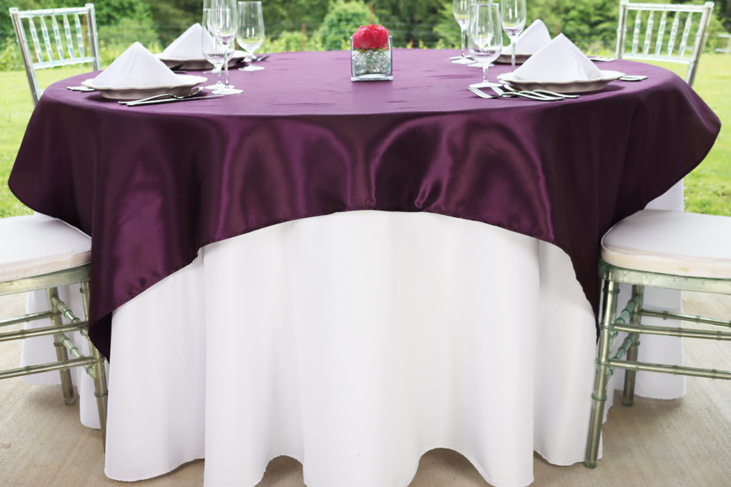 Bargain 85 in. Square Satin Overlay Eggplant