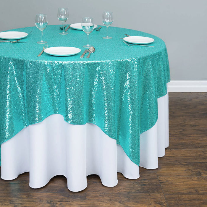 72 in. Square Sequin Overlay Turquoise