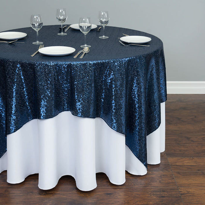 85 in. Square Sequin Overlay Navy Blue