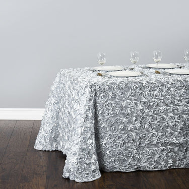 88 X 154 in. Rectangular Rosette Satin Tablecloth Silver