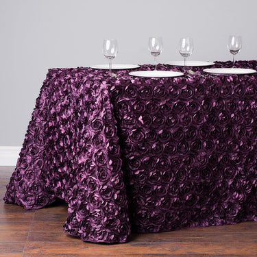 88 X 154 in. Rectangular Rosette Satin Tablecloth Eggplant