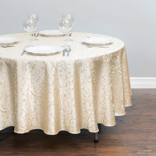90 in. Round Jaquard Scrollwork Tablecloth Ivory