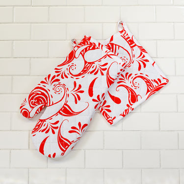 Paisley Cotton Oven Mitt / Pot Holder Set 4 Pack (5 Colors)