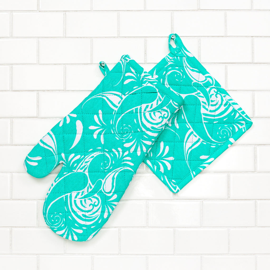 Paisley Cotton Oven Mitt / Pot Holder Set 4 Pack (6 Colors) White with Mint by LTC Linens