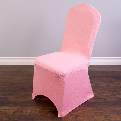 Rose Embossed Stretch Banquet Chair Cover Pink 5-Pack (Table Ready)
