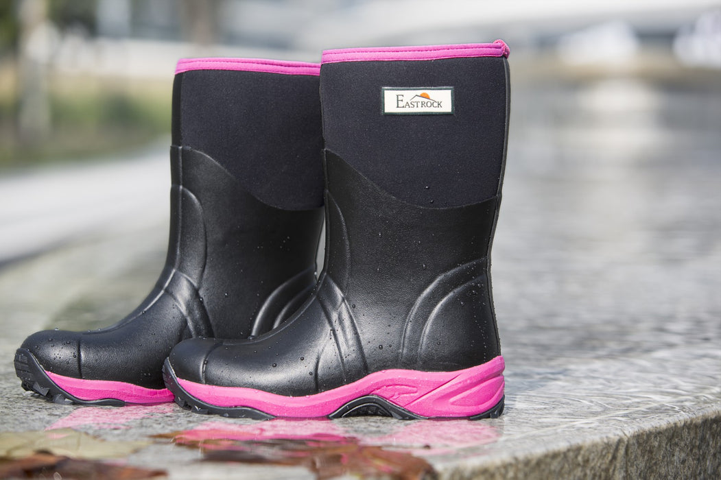 East Rock Women 11 in. Waterproof Outdoor Rubber Boots Black/Fuchsia (6 Sizes)