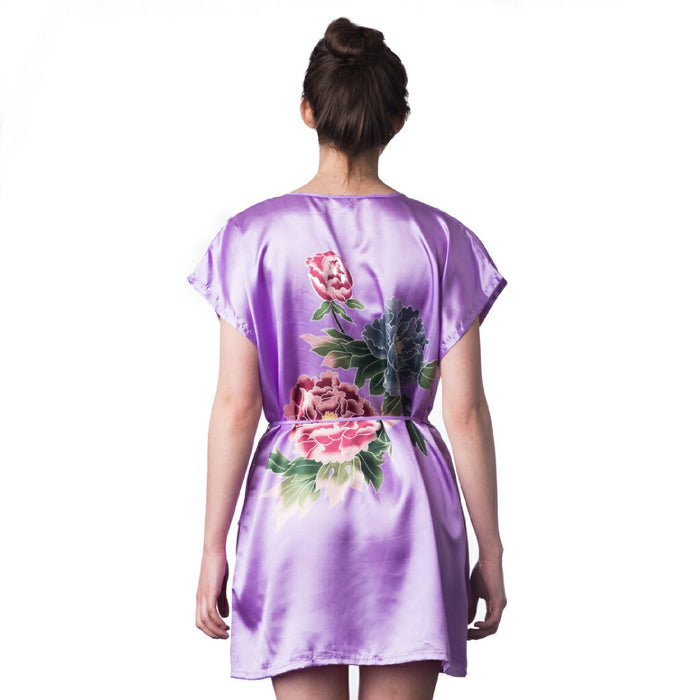 Peonies on Lavender Satin Kimono Pajama