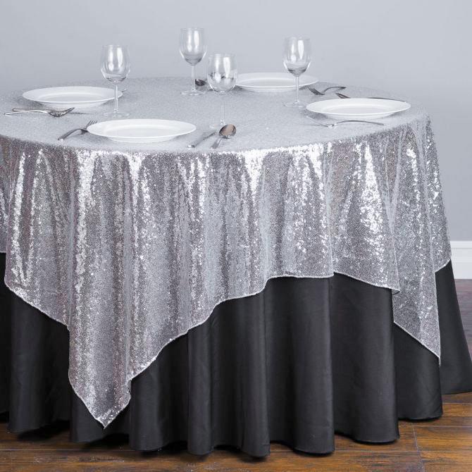 72 in. Square Sequin Overlay Silver